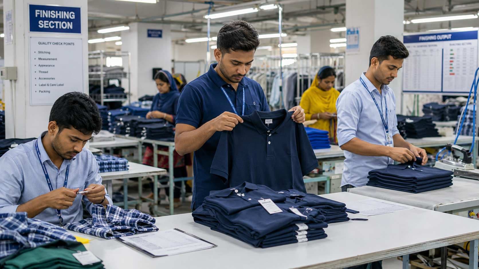 Garment finishing process showing pressing and fold-tagging in factory