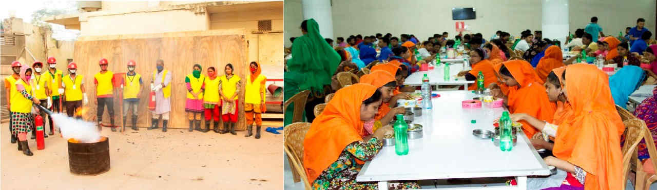 Workers participating in a fire safety drill